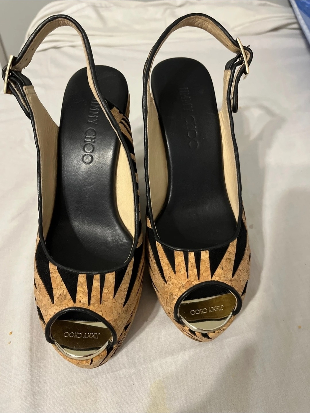 Jimmy Choo Prova Black and Cork Slingback Peep-Toe Heels